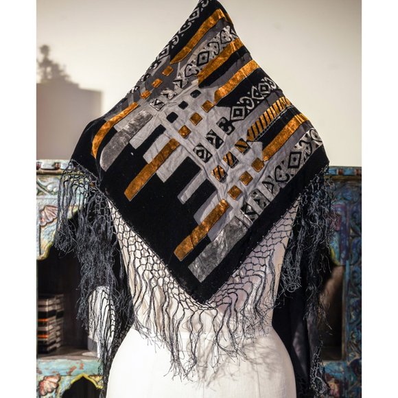 Chinese Black Geometric Rayon/Silk Blend Velvet Embossed Scarf with Fringes - Picture 1 of 7